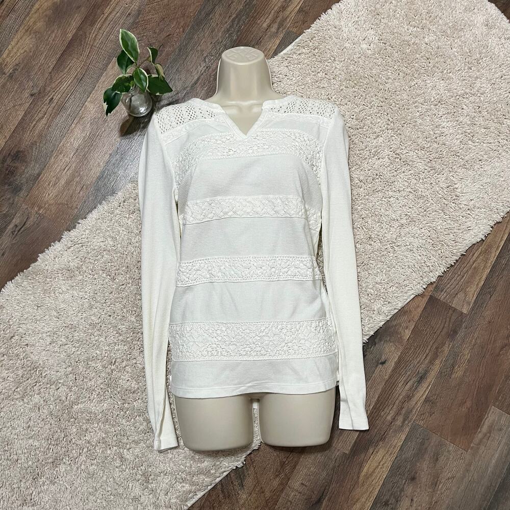 Lucky Brand Medium Cream Crochet Striped Notched V-Neck Waffle Thermal Knit Top